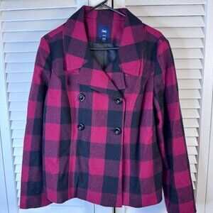Gap Womens L Red & Black Buffalo Plaid Wool-Blend Peacoat Double-Breasted Size L